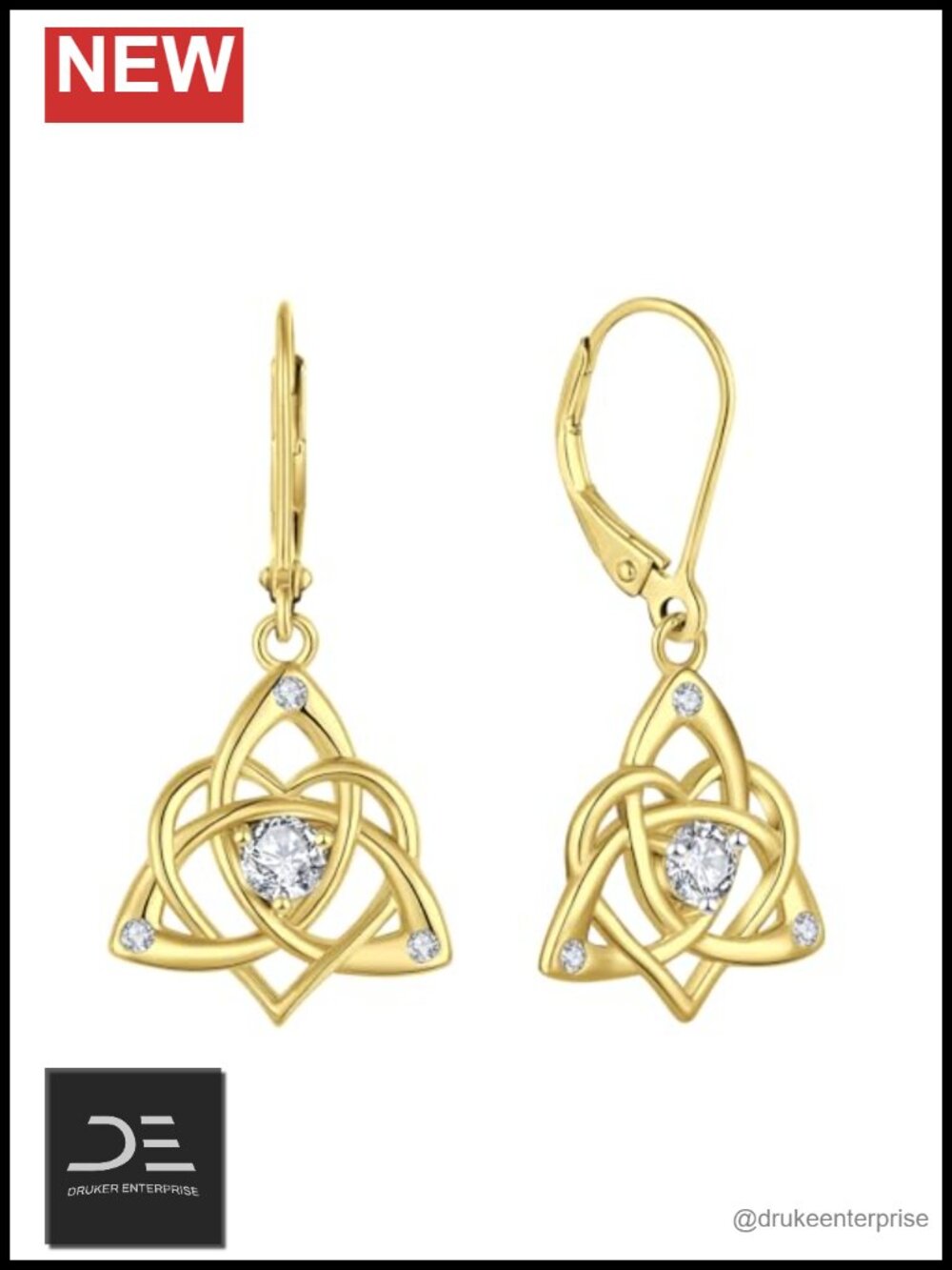 Celtic Knot Leverback Earrings Sterling Silver 14K Gold Plated CZ Dangle